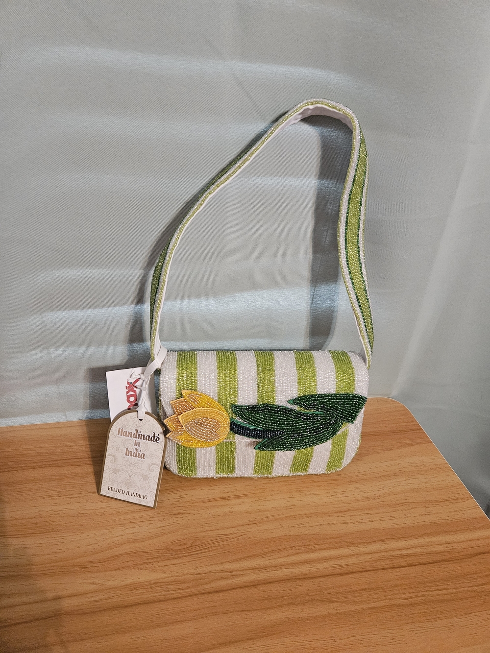 Handmade Green & White Striped Beaded Shoulder Bag with Yellow Flower